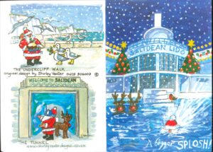 Santa has jumped into the Saltdean Lido with an enormous splash , only his hat showing. Reindeers look on. The Lido is decorated for Christmas