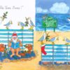 Santa is naked, sitting behind a windbreak on the nudist beach, reading to his teddy bears. Their three bottoms can be seen below the fabric of the windbreak on the front of the card, on the back you see the book is covering Santa's modesty! They have wine, Christmas pud and a crab on the beach towel. The reindeer are in a boat trying to see what's going on on the nudist beach.