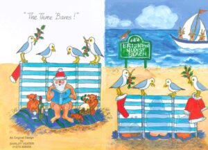 Santa is naked, sitting behind a windbreak on the nudist beach, reading to his teddy bears. Their three bottoms can be seen below the fabric of the windbreak on the front of the card, on the back you see the book is covering Santa's modesty! They have wine, Christmas pud and a crab on the beach towel. The reindeer are in a boat trying to see what's going on on the nudist beach.