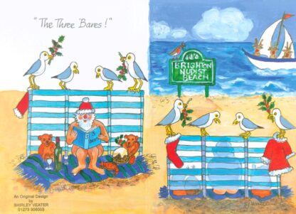 Santa is naked, sitting behind a windbreak on the nudist beach, reading to his teddy bears. Their three bottoms can be seen below the fabric of the windbreak on the front of the card, on the back you see the book is covering Santa's modesty! They have wine, Christmas pud and a crab on the beach towel. The reindeer are in a boat trying to see what's going on on the nudist beach.