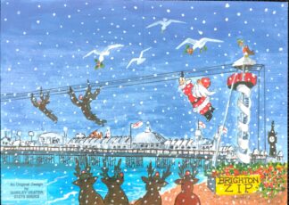 Father Christmas is sailing down the Brighton Zipwire after the reindeer, while others watch. The pier is in the background. Seagulls are overhead in a snowy sky.