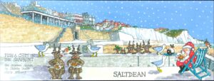 Santa and the reindeers enjoy fish and chips on the beach at Saltdean with cliffs, undercliff walk and Whitecliffs Cafe in the background