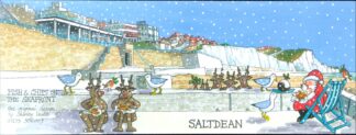 Santa and the reindeers enjoy fish and chips on the seafront at Saltdean with cliffs, undercliff walk and Whitecliffs Cafe in the background