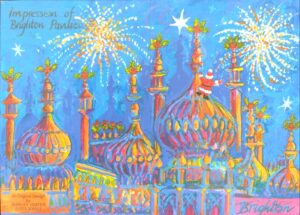 The Brighton Pavilion at night lit up in beautiful colours by exploding fireworks. Santa has climbed onto one of the domes to get a better view. 