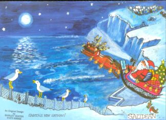 Santa is in his sleigh at night, flying over Saltdean cliffs guided by his Sat-Nav. Seagulls are sitting on the fence and the moon's reflection shimmering on the water.