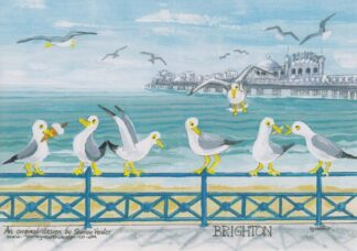 Gulls lining up on the railing with pier in the background