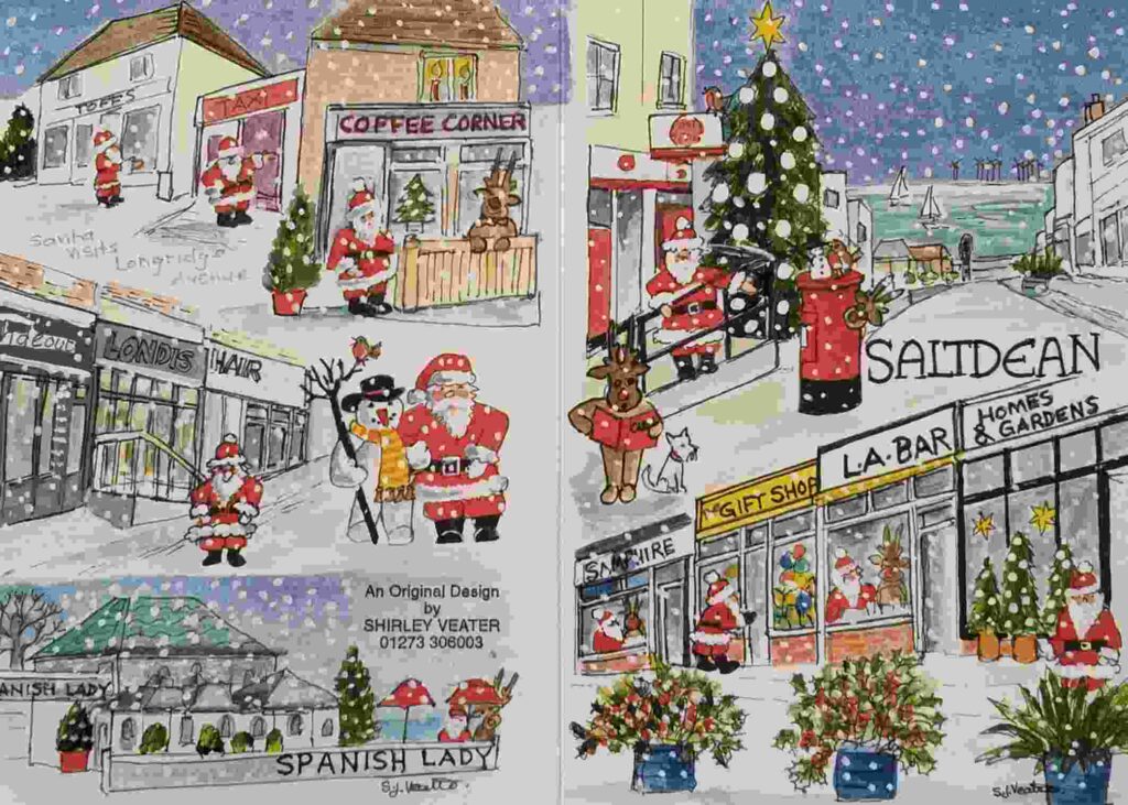 Father CHristmas in his red suit, depicted outside various shops on Longridge Avenue and with the Christmas tree.