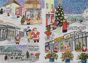 Father CHristmas in his red suit, depicted outside various shops on Longridge Avenue and with the Christmas tree.