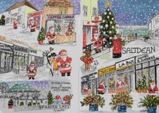 Father CHristmas in his red suit, depicted outside various shops on Longridge Avenue and with the Christmas tree.