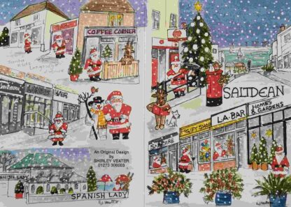 Father CHristmas in his red suit, depicted outside various shops on Longridge Avenue and with the Christmas tree.