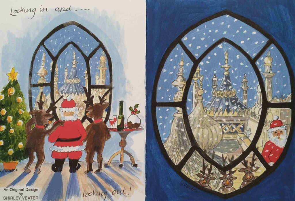 Santa and reindeer looking out from the Pavilion and on the front of the card we look in at them.