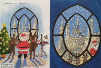 On the front of the card we see Santa and reindeer looking into a Pavilion window, on the reverse we see they are now looking out from inside.