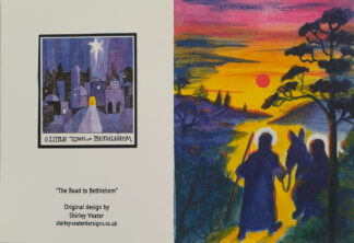 Image of card showing front and back. Front -Mary and Joseph on the road to Bethlehem with a donkey, all silhouetted against the setting sun. Back - small image in blues mainly, of Bethlehem at night with a star shining down
